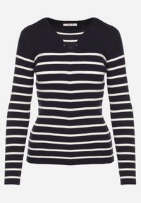 Born2be - Granatowa Bluzka z Bawełną w Paski Ozdobiona Guzikami Gelvila. Okazja: na co dzień. Kolor: niebieski. Materiał: bawełna. Wzór: paski, aplikacja. Styl: casual #3