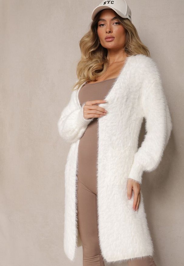 Renee - Biały Kardigan Niezapinany z Wełną i Wsuwanymi Kieszeniami Rianessa. Kolor: biały. Materiał: wełna