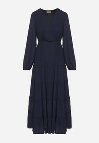 Born2be - Granatowa Rozkloszowana Sukienka Vices z Kopertowym Dekoltem Reslosa. Okazja: na co dzień. Typ kołnierza: dekolt w serek. Kolor: niebieski. Materiał: jeans. Typ sukienki: kopertowe. Styl: casual #3