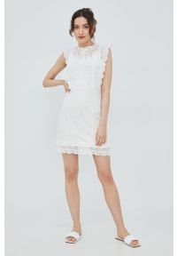 only - Only sukienka kolor biały mini dopasowana. Kolor: biały. Materiał: koronka. Wzór: haft. Typ sukienki: dopasowane. Długość: mini