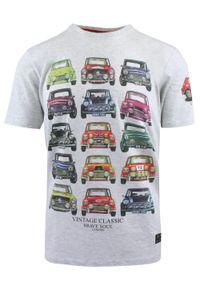 Bawełniany T-Shirt, Męski - Brave Soul - Retro Auta - Popielaty. Okazja: na co dzień. Kolor: szary. Materiał: wiskoza, bawełna. Wzór: nadruk. Sezon: wiosna, lato. Styl: retro #1