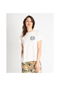 Lee - LEE EMBLEM DAMSKI T-SHIRT KOSZULKA NADRUK LOGO ECRU L42GEPLO. Wzór: nadruk