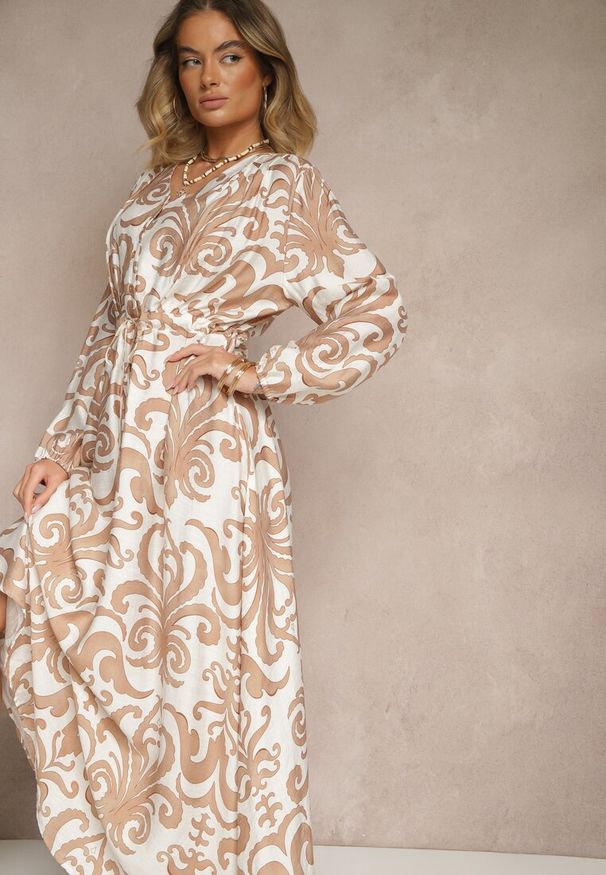 Renee - Jasnobeżowa Sukienka z Wiskozą o Rozkloszowanym Kroju w Abstrakcyjny Print Ridirinda. Kolor: beżowy. Materiał: wiskoza. Wzór: nadruk