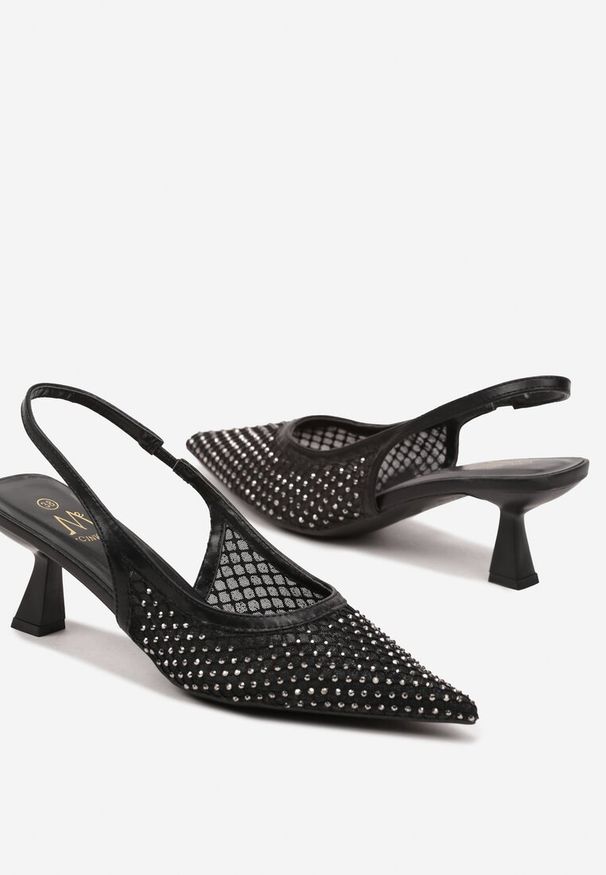 Renee - Czarne Sandały na Kaczuszce Slingback z Siateczkową Cholewką Ozdobione Cyrkoniami Vilfitis. Okazja: na imprezę. Nosek buta: szpiczasty. Kolor: czarny. Wzór: aplikacja. Sezon: lato. Obcas: na szpilce. Styl: elegancki, klasyczny