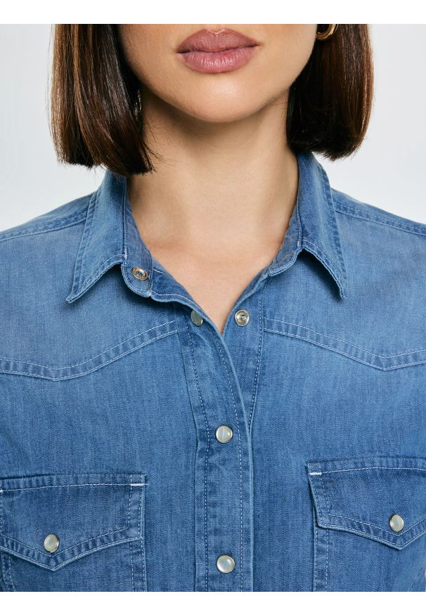 Big-Star - Koszula damska jeansowa z bufkami niebieska Indiana 164. Kolor: niebieski. Materiał: jeans. Styl: retro