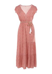 Born2be - Czerwona Sukienka Tudanna. Typ kołnierza: dekolt w kształcie V. Kolor: różowy. Materiał: tkanina, materiał. Wzór: ażurowy, aplikacja, kwiaty. Długość: maxi #5