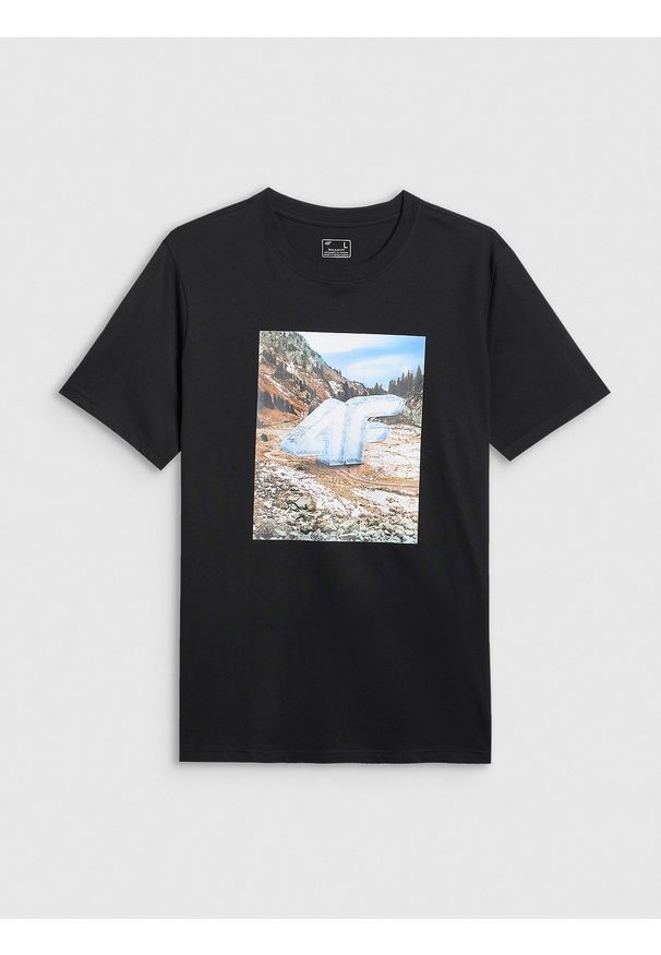 4f - 4F T-shirt regular z nadrukiem męski - czarny L. Okazja: na co dzień. Kolor: czarny. Materiał: dzianina, bawełna, materiał. Wzór: nadruk. Styl: casual