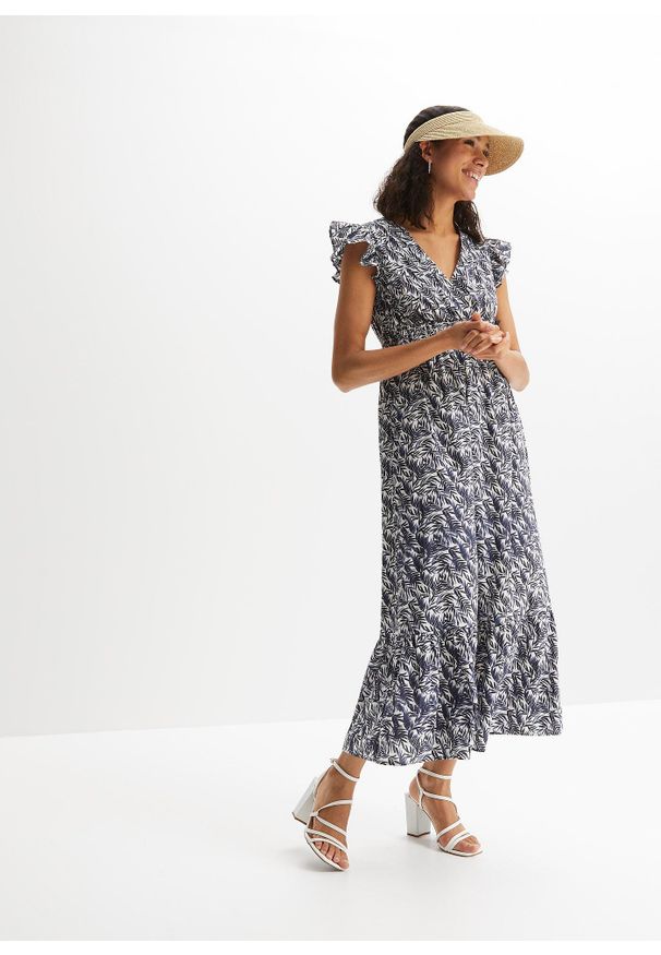 bonprix - Sukienka maxi z rękawami motylkowymi. Kolor: niebieski. Styl: elegancki. Długość: midi, maxi
