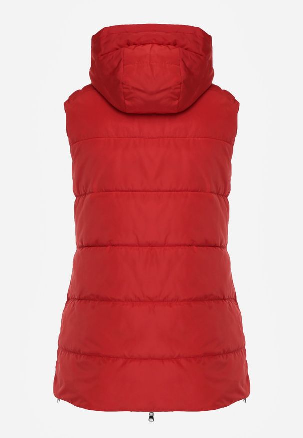 Born2be - Czerwona Pikowana Kamizelka Dwustronna z Kapturem i Troczkami Nevetiani. Typ kołnierza: kaptur. Kolor: czerwony. Materiał: jeans. Styl: elegancki