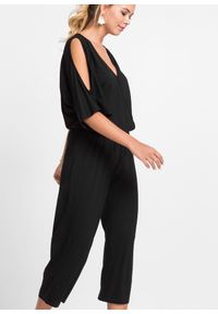 bonprix - Kombinezon z dżerseju z lejącej wiskozy. Kolor: czarny. Materiał: jersey, wiskoza. Wzór: aplikacja #2