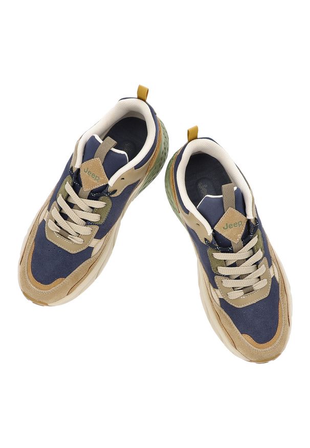 Granatowe Sneakersy Jeep Modne Obuwie Męskie. Okazja: na co dzień. Kolor: beżowy. Materiał: materiał, zamsz. Szerokość cholewki: normalna