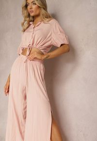 Renee - Jasnoróżowy Komplet z Bawełny w Stylu Utility Koszula i Szerokie Spodnie Veola. Kolor: różowy. Materiał: bawełna