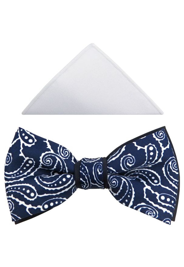Modini - Granatowa mucha męska w biały paisley A237. Kolor: biały, wielokolorowy, niebieski. Materiał: poliester, tkanina. Wzór: paisley. Styl: elegancki
