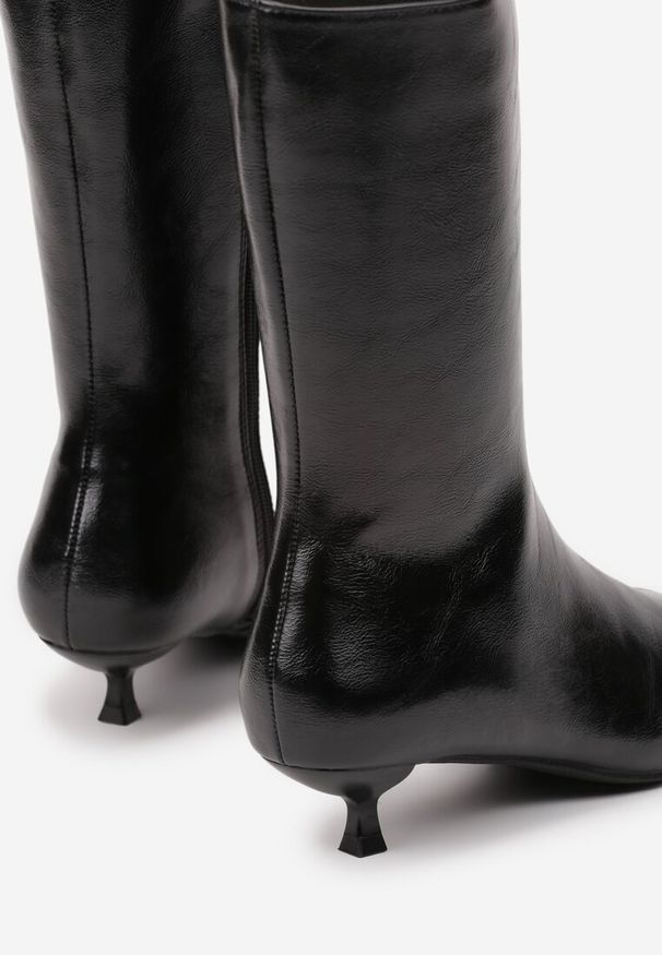 Renee - Czarne Eleganckie Botki na Obcasie Kaczuszka z Noskiem w Szpic Sanithe. Zapięcie: zamek. Kolor: czarny. Materiał: skóra. Wzór: kropki. Obcas: na obcasie. Styl: elegancki. Wysokość obcasa: średni