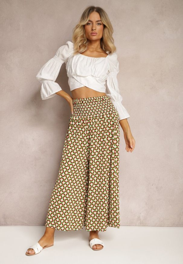 Renee - Jasnozielone Spodnie Culotes z Szerokimi Nogawkami i Gumką w Talii Demia. Okazja: na co dzień. Kolor: zielony. Materiał: materiał. Sezon: lato, wiosna. Styl: elegancki, casual