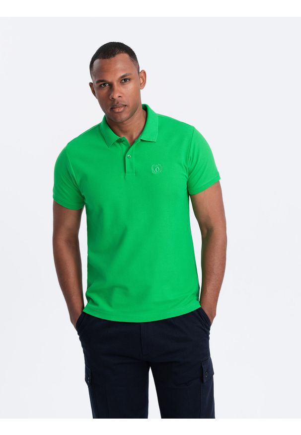 Ombre Clothing - Męska koszulka polo jednokolorowa BASIC z dzianiny pique - neonowa zieleń V25 OM-POBS-0100 - XXL. Okazja: na co dzień. Typ kołnierza: polo. Kolor: zielony. Materiał: dzianina. Wzór: aplikacja, jednolity, haft. Sezon: lato, wiosna. Styl: sportowy, wizytowy, klasyczny, casual