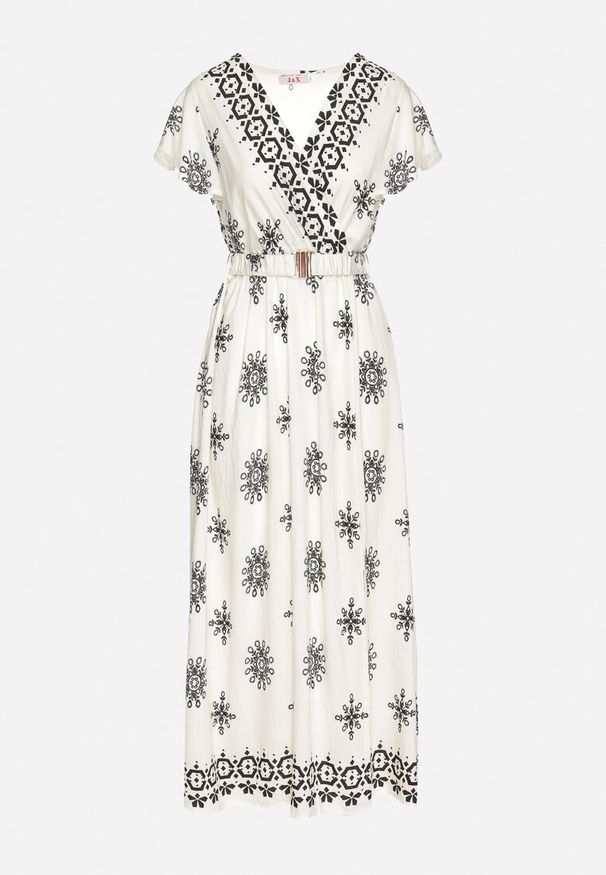 Born2be - Jasnobeżowa Sukienka w Ornamentalny Wzór z Elastycznym Paskiem Tosvanna. Okazja: na co dzień. Kolor: beżowy. Długość rękawa: krótki rękaw. Wzór: aplikacja. Typ sukienki: kopertowe, proste. Styl: klasyczny, casual, elegancki