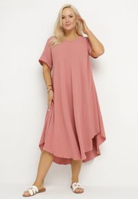 Born2be - Różowa Rozkloszowana Sukienka z Bawełną Elzedia. Okazja: na co dzień. Kolor: różowy. Materiał: bawełna. Typ sukienki: rozkloszowane. Styl: elegancki, casual #1