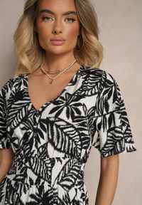 Renee - Czarna Sukienka z Gumką w Pasie Ozdobiona Roślinnym Wzorem Charina. Kolor: czarny. Materiał: tkanina, wiskoza. Długość rękawa: krótki rękaw. Wzór: aplikacja. Sezon: lato #3