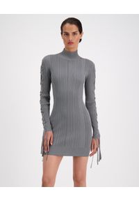 HERVE LEGER - Szara sukienka z wiązaniem. Kolor: szary. Materiał: tkanina. Długość rękawa: długi rękaw. Wzór: prążki. Długość: mini
