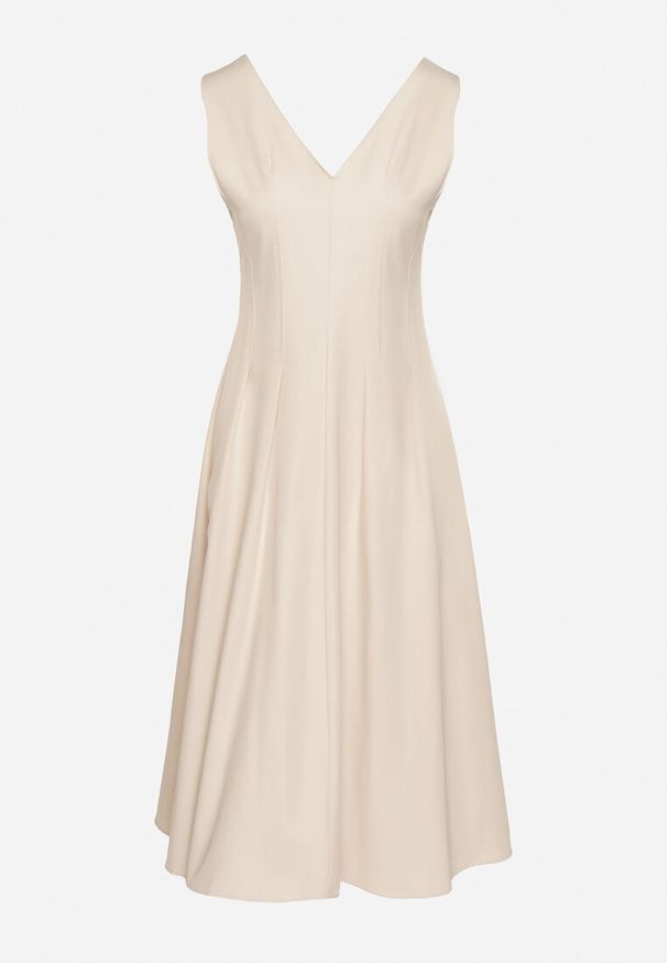 Born2be - Beżowa Sukienka o Rozkloszowanym Kroju z Dekoltem w Serek Alifia. Okazja: na co dzień, na imprezę, na spacer. Typ kołnierza: dekolt w serek. Kolor: beżowy. Długość rękawa: bez rękawów. Typ sukienki: proste, rozkloszowane. Styl: casual, klasyczny