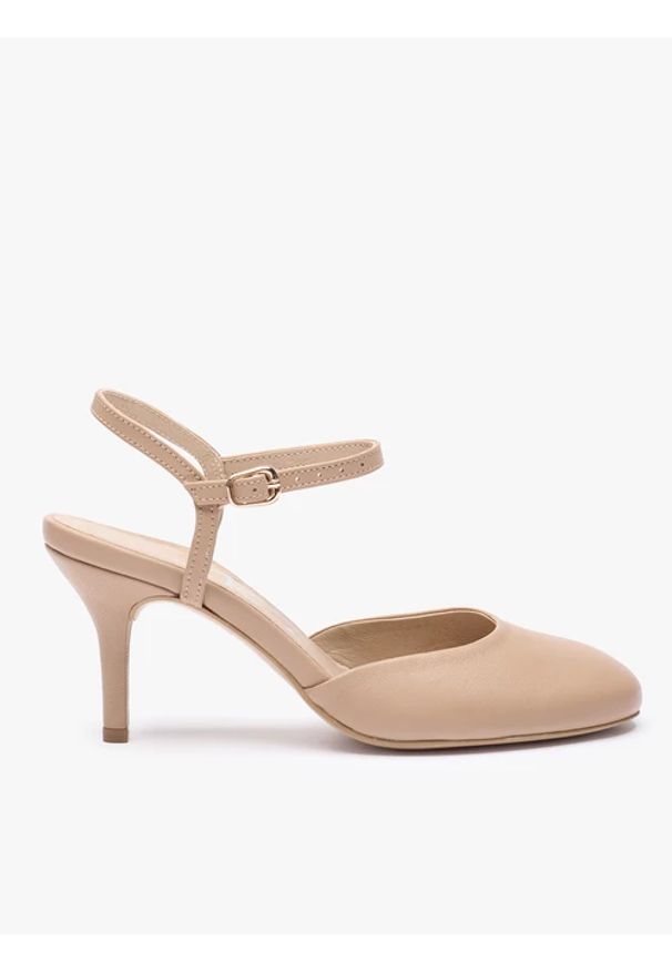 Ryłko - Beżowe czółenka slingback bez pięty ze skóry licowej. Okazja: na co dzień. Nosek buta: okrągły. Zapięcie: sprzączka. Kolor: beżowy. Wzór: aplikacja. Materiał: skóra. Obcas: na obcasie. Styl: casual, street, elegancki. Wysokość obcasa: średni