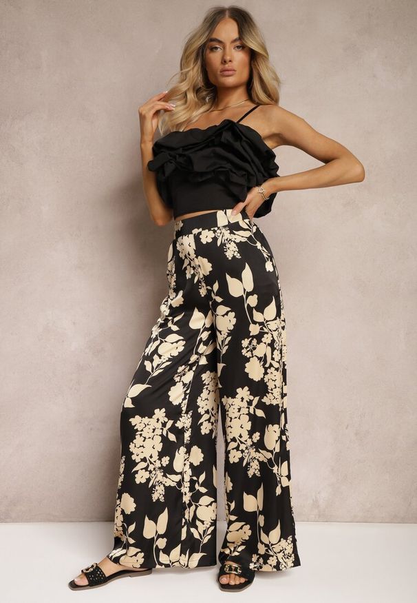 Renee - Czarno-Beżowe Szerokie Spodnie Palazzo z Gumką w Talii i High Waist Dimianna. Okazja: na co dzień. Stan: podwyższony. Kolor: czarny. Sezon: lato. Styl: casual, elegancki
