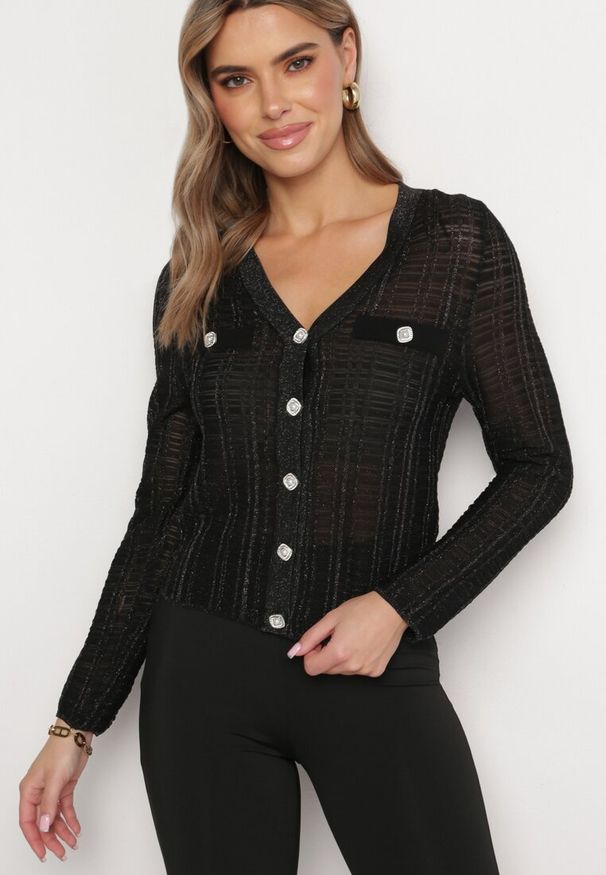 Born2be - Czarny Kardigan Zapinany Na Guziki z Metaliczną Nitką Stamana. Kolor: czarny