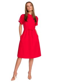 MOE - Rozkloszowana Sukienka w Stylu Safari - Czerwona. Kolor: czerwony. Materiał: poliester, elastan, wiskoza