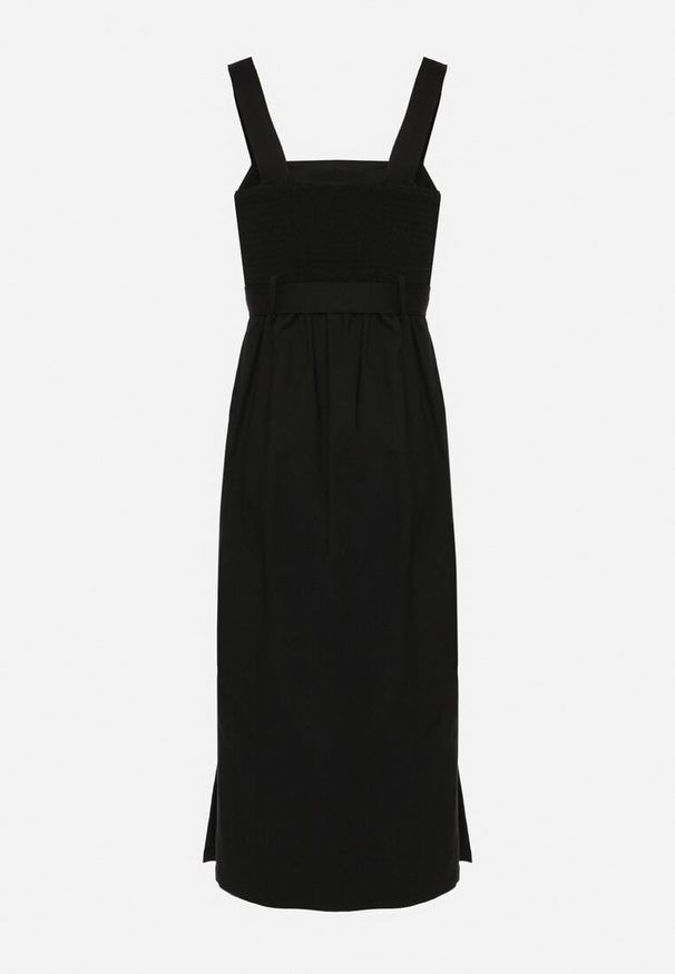 Born2be - Czarna Dopasowana Sukienka z Wiskozą z Rozcięciami i Paskiem z Klamrą Mepelle. Okazja: na co dzień. Typ kołnierza: dekolt kwadratowy. Kolor: czarny. Materiał: wiskoza. Typ sukienki: dopasowane. Styl: casual, elegancki, klasyczny