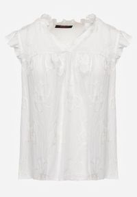 Born2be - Biała Bawełniana Bluzka z Kwiatowym Haftem i Falbankami Sabrilato. Okazja: na co dzień, do pracy. Typ kołnierza: kołnierz z falbankami. Kolor: biały. Materiał: bawełna. Wzór: kwiaty, haft. Styl: casual, klasyczny, elegancki #3