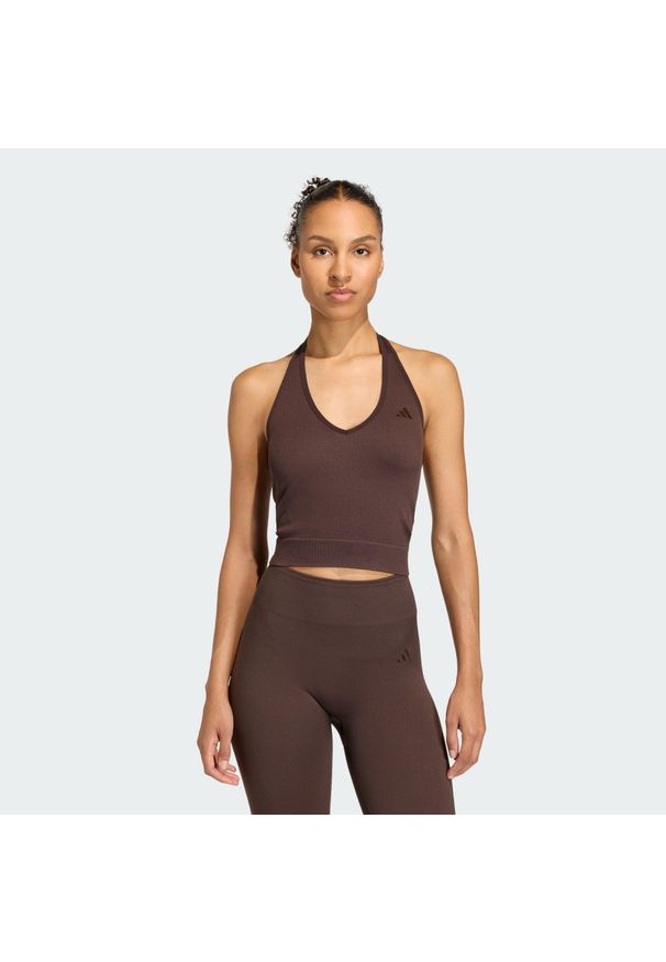 Adidas - Koszulka Workout Essentials Knit Halterneck. Kolor: brązowy. Materiał: dzianina. Technologia: ClimaCool (Adidas). Sport: fitness