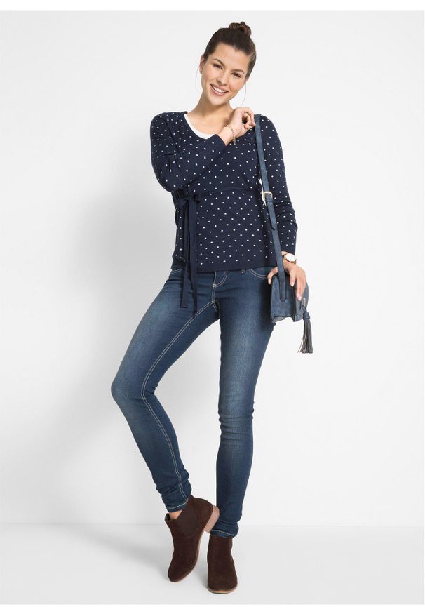 bonprix - Sweter ciążowy i do karmienia piersią 2w1 z cienkiej dzianiny. Typ kołnierza: kokarda. Kolekcja: moda ciążowa. Kolor: niebieski. Materiał: materiał, dzianina. Styl: klasyczny, elegancki