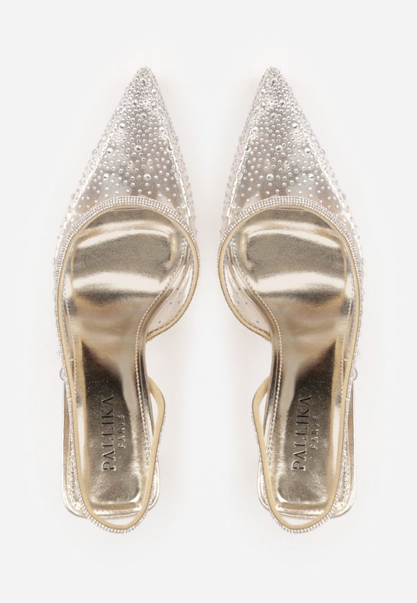 Renee - Złote Szpilki Slingback z Transparentną Cholewką i Cyrkoniami Liaceran. Okazja: na imprezę. Kolor: złoty. Szerokość cholewki: normalna. Obcas: na szpilce. Styl: glamour, wizytowy