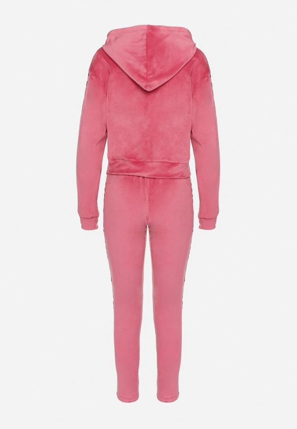 Born2be - Fuksjowy Welurowy Komplet Dresowy z Lampasem w Panterkę Spodnie i Bluza Elliorielle. Kolor: różowy. Materiał: dresówka, welur. Wzór: motyw zwierzęcy