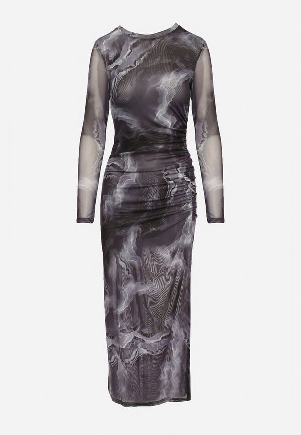 Born2be - Czarna Siateczkowa Sukienka z Wiskozą o Dopasowanym Kroju z Rozcięciem Nalorian. Okazja: na co dzień. Kolor: czarny. Materiał: wiskoza. Typ sukienki: dopasowane, proste. Styl: wizytowy, casual