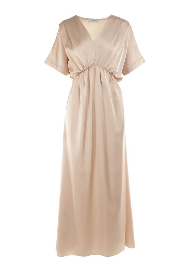 Born2be - Jasnobeżowa Sukienka Satynowa Alemyllis. Okazja: na imprezę. Kolor: beżowy. Materiał: satyna. Styl: klasyczny. Długość: maxi
