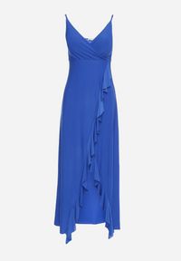 Born2be - Granatowa Koktajlowa Sukienka z Kopertowym Dekoltem na Ramiączkach z Ozdobną Falbanką Nestasi. Okazja: na co dzień. Kolor: niebieski. Długość rękawa: na ramiączkach. Typ sukienki: kopertowe. Styl: wizytowy #2