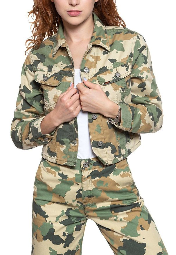 Lee - DAMSKA KURTKA JEANSOWA LEE CROPPED RIDER JACKET CAMOUFLAGE L54CCW03 112112756. Materiał: jeans. Wzór: moro
