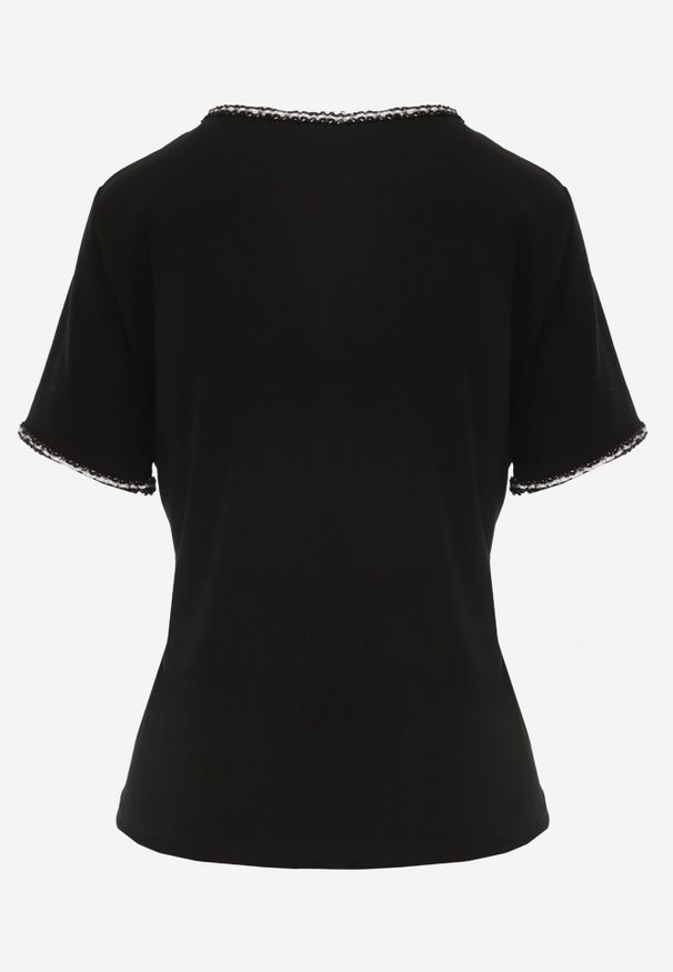 Renee - Czarny T-shirt z Bawełny Zdobiony Lamówką z Metaliczną Nicią Petinope. Kolor: czarny. Materiał: bawełna. Wzór: aplikacja