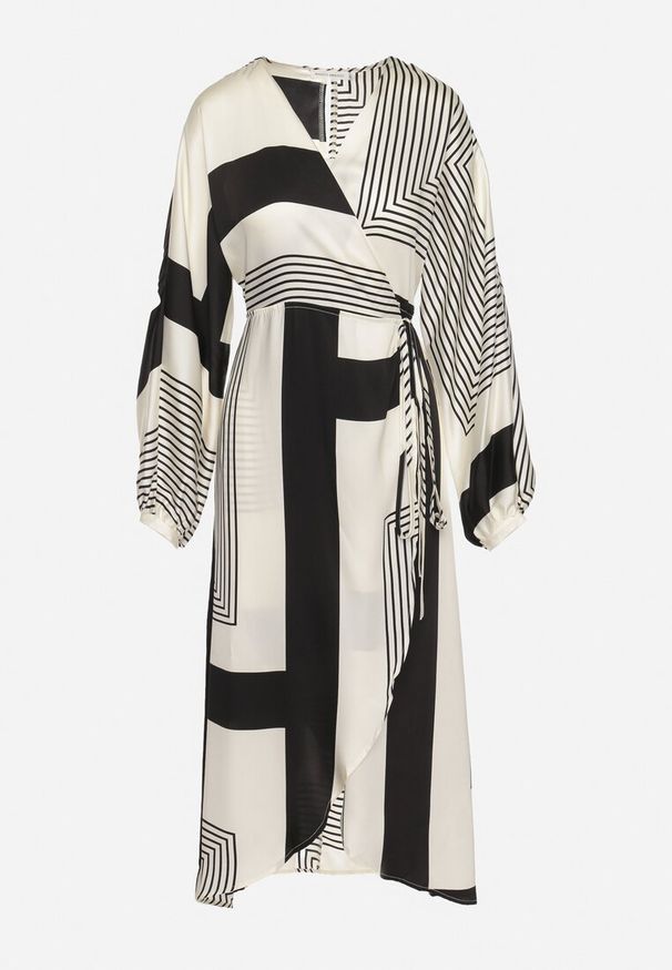 Born2be - Beżowo-Czarna Sukienka Kopertowa Kimono z Geometrycznym Wzorem i Wiązanym Paskiem Klerossa. Kolor: beżowy. Materiał: materiał. Długość rękawa: długi rękaw. Wzór: geometria. Typ sukienki: kopertowe