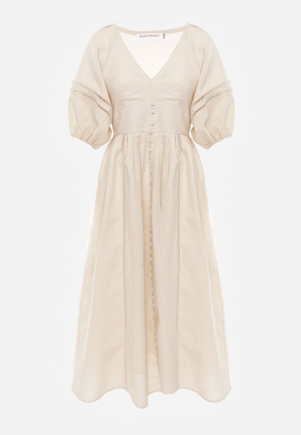 Born2be - Beżowa Sukienka Maxi z Bawełny i Lnu z Ażurowymi Wstawkami i Gumką w Pasie Arada. Okazja: na co dzień. Kolor: beżowy. Materiał: bawełna, len. Wzór: ażurowy. Typ sukienki: proste. Styl: casual, wizytowy. Długość: maxi