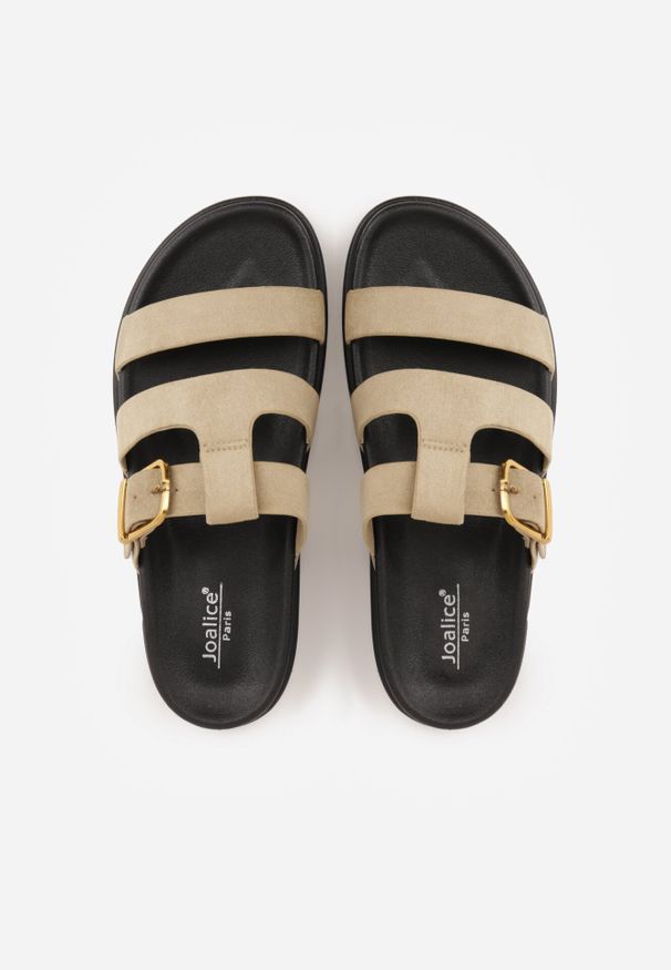 Born2be - Beżowe Klapki z Geometryczną Cholewką i Klamrą z Boku Endrita. Okazja: na co dzień. Kolor: zielony. Materiał: jeans, len, zamsz. Wzór: geometria. Sezon: lato. Styl: casual