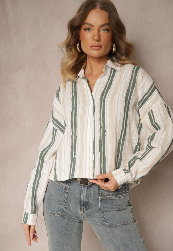 Renee - Beżowa Casualowa Koszula z Bawełny w Paski Sileata. Okazja: na co dzień. Kolor: beżowy. Materiał: bawełna. Wzór: paski. Styl: casual