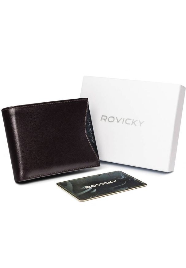 ROVICKY - Portfel męski brązowy z czarną wstawką Rovicky 1531-03-BOR-1218 BRO. Kolor: brązowy, czarny, wielokolorowy. Materiał: skóra