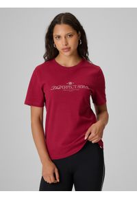 4f - 4F T-shirt relaxed z nadrukiem damski - burgundowy S. Kolor: czerwony. Materiał: bawełna, materiał, dzianina. Wzór: nadruk. Styl: sportowy, klasyczny #1