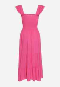 Born2be - Fuksjowa Rozkloszowana Bawełniana Sukienka na Ramiączkach z Gumkami i Falbanką Mevesta. Okazja: na spacer. Typ kołnierza: kołnierz z falbankami, dekolt kwadratowy. Kolor: różowy. Materiał: bawełna. Długość rękawa: na ramiączkach #5