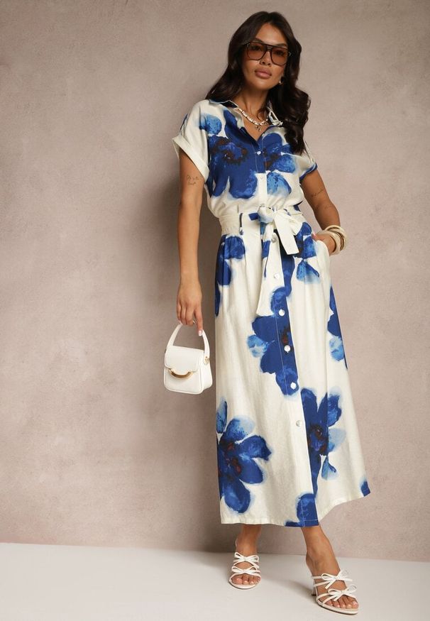 Renee - Niebieska Wiskozowa Kwiatowa Spódnica High Waist z Ozdobnym Paskiem i Guzikami Helseli. Okazja: na co dzień. Stan: podwyższony. Kolor: niebieski. Materiał: wiskoza. Wzór: kwiaty. Styl: casual, elegancki