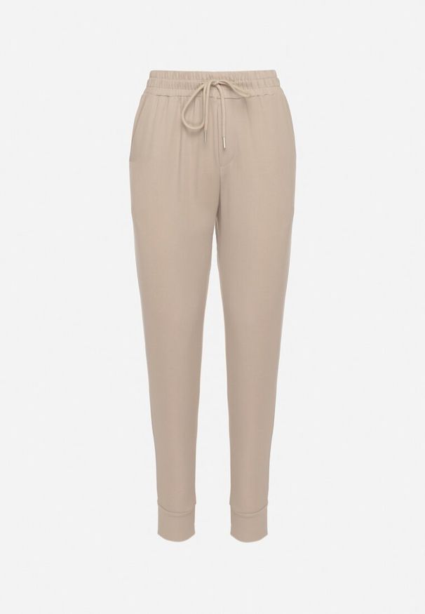 Born2be - Beżowe Spodnie Dresowe z Wiskozą Wysokim Stanem i Sznurkiem Ellirina. Okazja: na spacer, na co dzień. Stan: podwyższony. Kolor: beżowy. Materiał: dresówka, wiskoza. Styl: casual