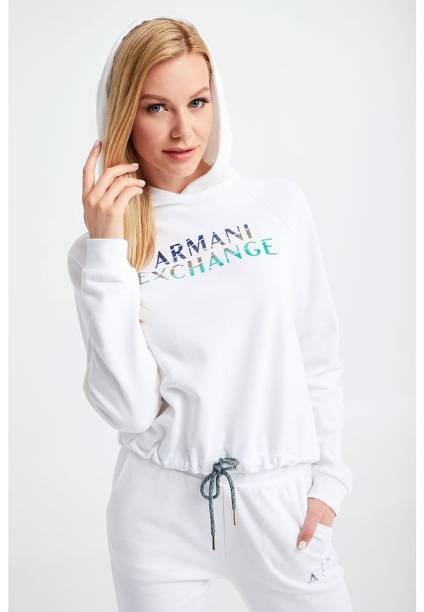 Armani Exchange - BLUZA ARMANI EXCHANGE. Typ kołnierza: kaptur. Materiał: bawełna. Długość: krótkie. Wzór: napisy, kolorowy